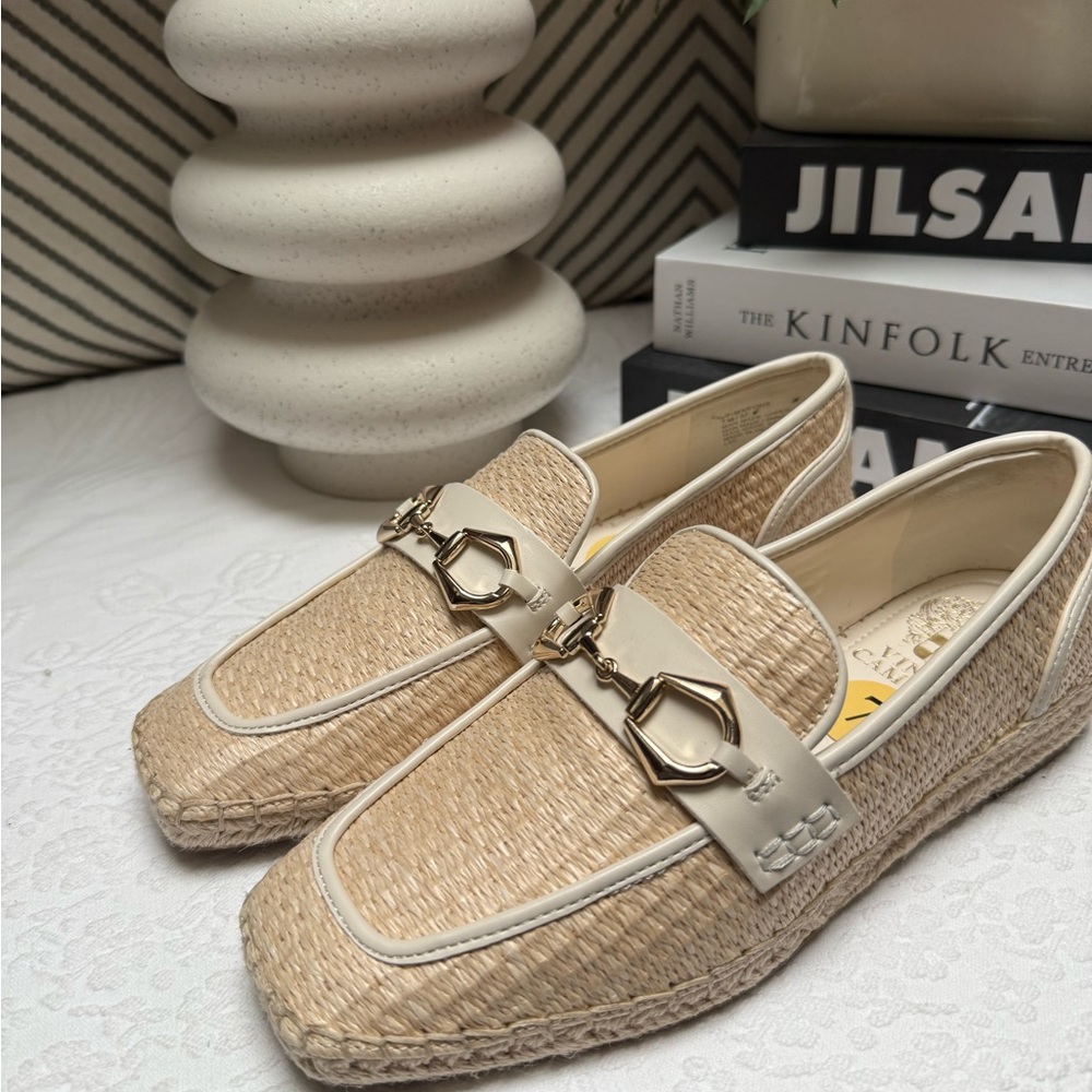 Vince Camuto Tan Gold Espadrille Loafers with Horsebit Detail